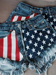 Fringed Star Stripe Print Casual Denim Shorts Ins Street