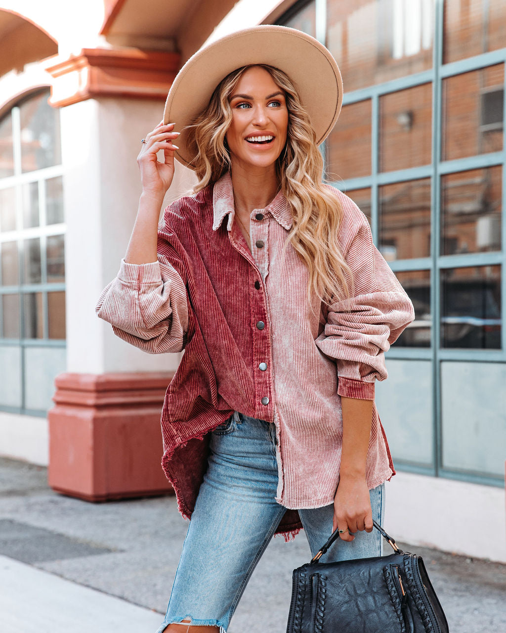 Gus Cotton Colorblock Corduroy Shacket - Rose Burgundy Ins Street