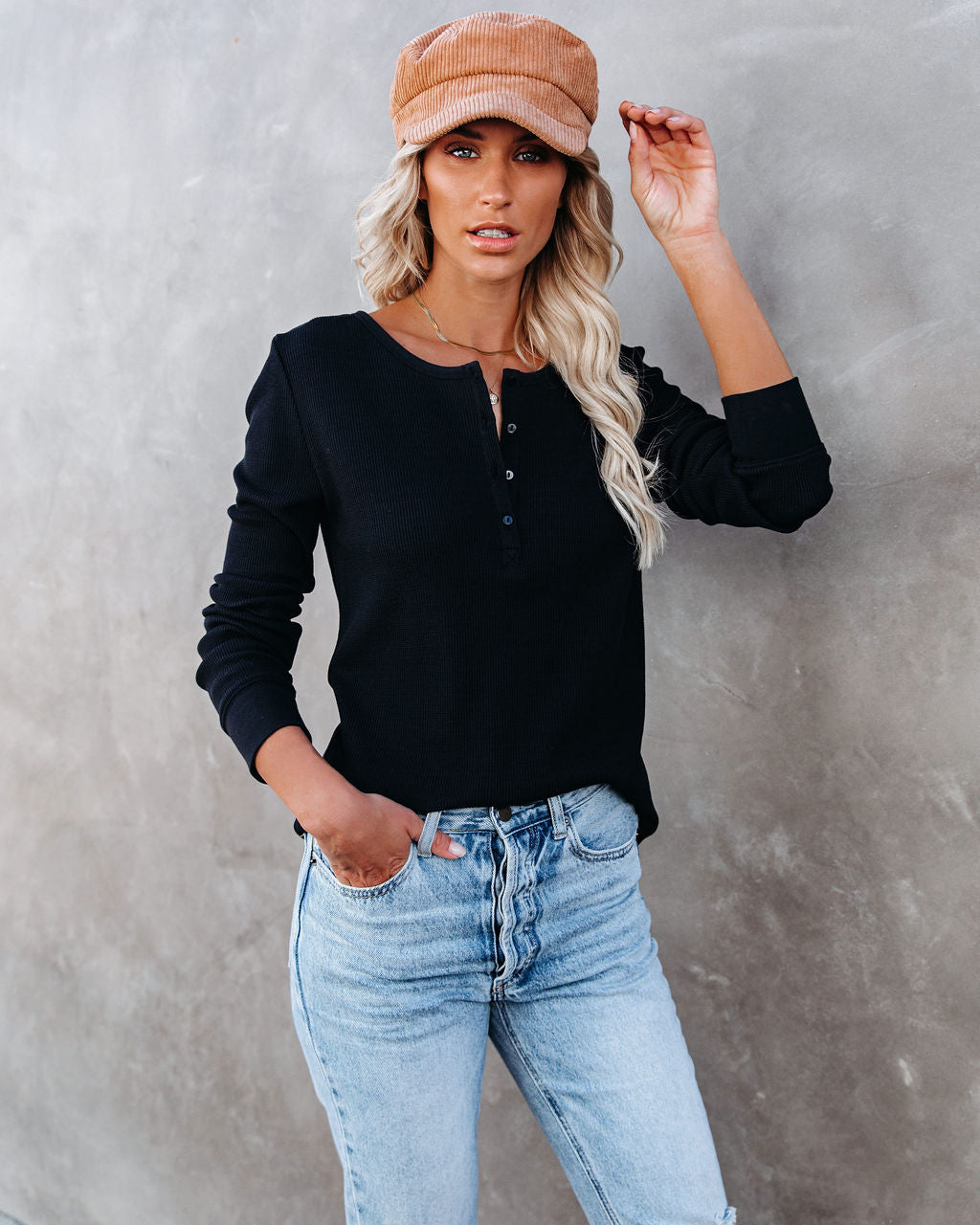 Gwen Cotton + Modal Thermal Henley Top - Black Ins Street