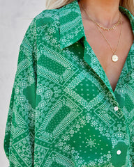In Luck Printed Button Down Blouse - Green Ins Street