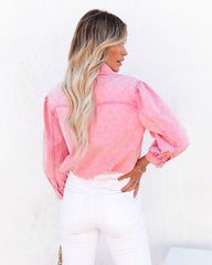 Jiana Distressed Denim Button Down Top - Pink Ins Street
