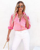 Jiana Distressed Denim Button Down Top - Pink Ins Street