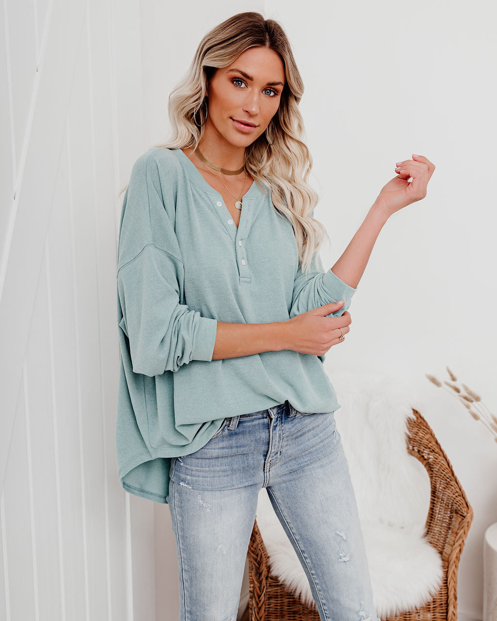 Maggie Relaxed Knit Henley Top - Sage Ins Street