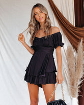 Margot Satin Off The Shoulder Romper - Black Ins Street