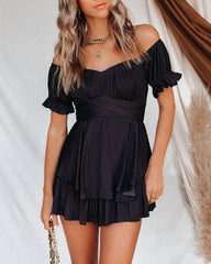 Margot Satin Off The Shoulder Romper - Black Ins Street