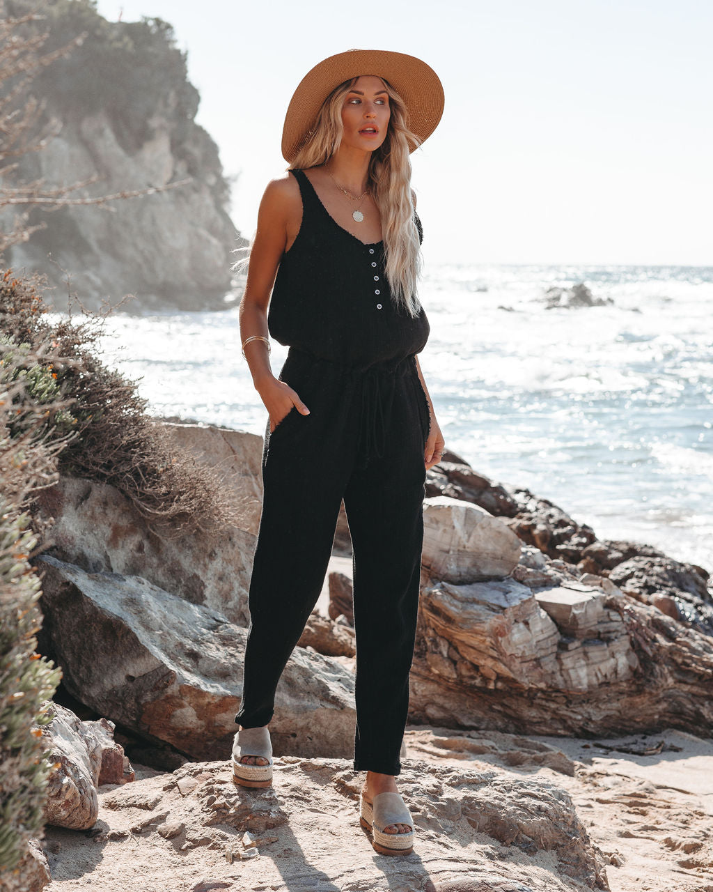 Maye Cotton Pocketed Drawstring Jumpsuit - Black Ins Street