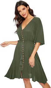 Women's Boho Button Up Split Solid Vintage Flowy Party Dress Ins street