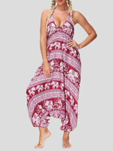 Retro Print V Neck Lace-up Halter Sports Yoga Jumpsuit Ins Street