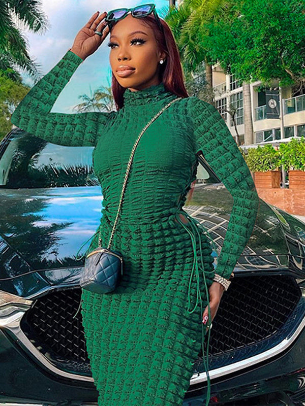 Statement Popcorn Side Cutout Tie Turtleneck Long Sleeve Dress Ins Street