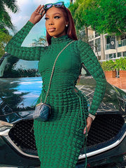 Statement Popcorn Side Cutout Tie Turtleneck Long Sleeve Dress 2023-03-14 InsStreet