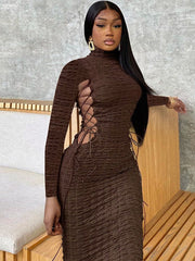 Statement Popcorn Side Cutout Tie Turtleneck Long Sleeve Dress 2023-03-14 InsStreet