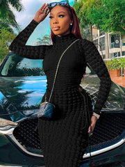 Statement Popcorn Side Cutout Tie Turtleneck Long Sleeve Dress 2023-03-14 InsStreet