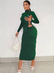 Statement Popcorn Side Cutout Tie Turtleneck Long Sleeve Dress 2023-03-14 InsStreet