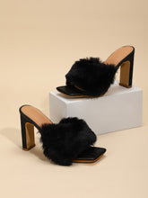Square Toe Fashion Fur Shoes Open Toe Chunky Heels Ins Street