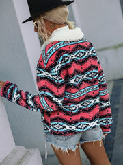 Zip Colorblock Geometric Print Plush Jacket Ins street