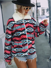 Zip Colorblock Geometric Print Plush Jacket Ins street