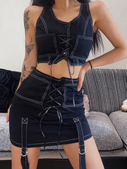 Topstitched Contrast Slim Short Skirt 2023-03-14 InsStreet