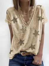 V-neck Short-sleeved Star Print Lace T-shirt Ins Street
