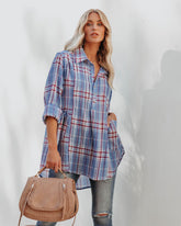 Vindy Cotton Blend Pocketed Plaid Henley Top - Blue Ins Street