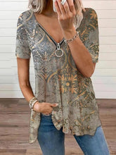 Vintage Printed Casual V-neck Zipper T-shirts Ins Street