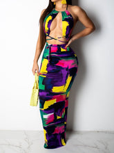 Women ColorBlock Halter Bandage Crop Top & Maxi Dress Sets Ins Street