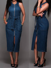 Women Elegant  Sleeveless Denim Jean Dress with Zipper Belt Ins Street