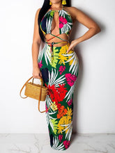 Women Floral Printed Halter Bandage Crop Top & Maxi Dress Sets Ins Street