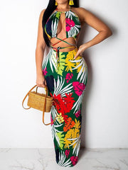 Women Floral Printed Halter Bandage Crop Top & Maxi Dress Sets Ins Street