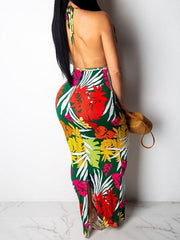 Women Floral Printed Halter Bandage Crop Top & Maxi Dress Sets Ins Street
