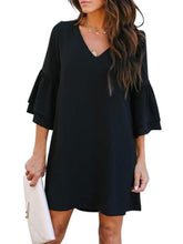 Women Loose Solid Color V Neck Mini Dress With Sleeve Ins Street