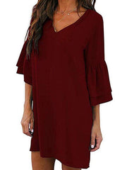 Women Loose Solid Color V Neck Mini Dress With Sleeve Ins Street