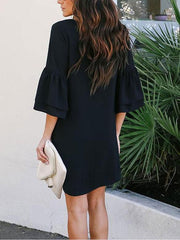 Women Loose Solid Color V Neck Mini Dress With Sleeve Ins Street