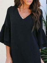 Women Loose Solid Color V Neck Mini Dress With Sleeve Ins Street