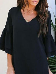Women Loose Solid Color V Neck Mini Dress With Sleeve Ins Street