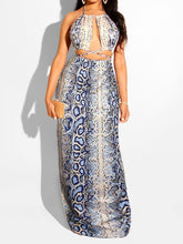 Women Snakeskin Halter Bandage Crop Top & Maxi Dress Sets Ins Street