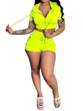 Women Solid Color Lapel Zipper Crop Top & Shorts Two-piece Outfits Ins Street