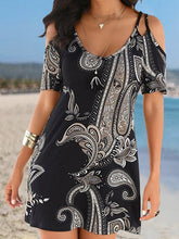 Vintage Print Sling Strap Off Shoulder Short Sleeve Dress Ins Street