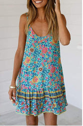 Womens Boho Floral Printed Dress Summer Sleeveless Adjustable Strap Beach Mini Dress with Pockets Ins street