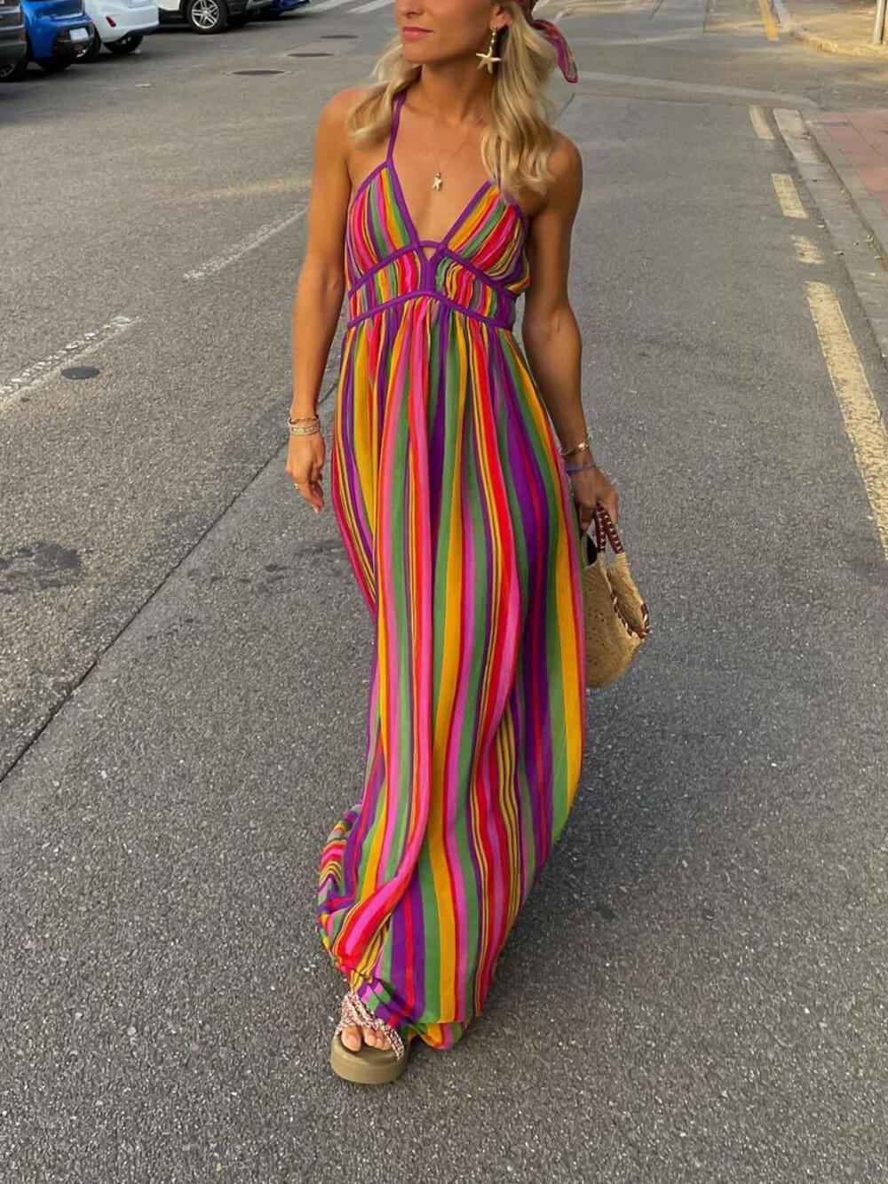 Rainbow Stripe Print Charming V-Neck Maxi Dress InsStreet