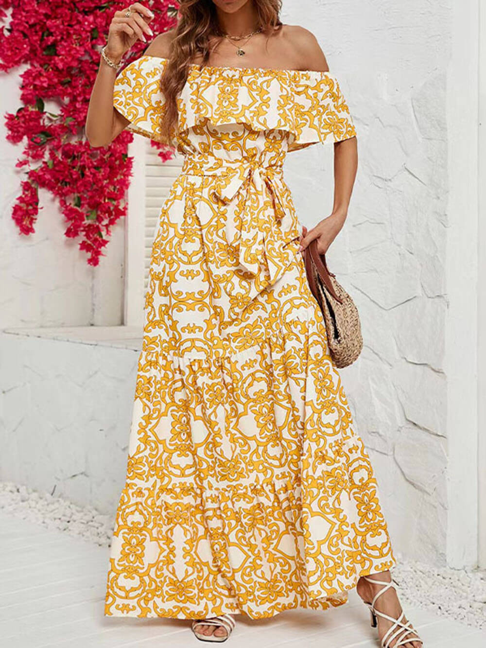 One-Shoulder Short-Sleeve Printed Charming Ruffle Maxi Dress InsStreet