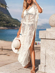 Beach Crochet Hollow Lace Graceful Sun Protection Maxi Dress InsStreet