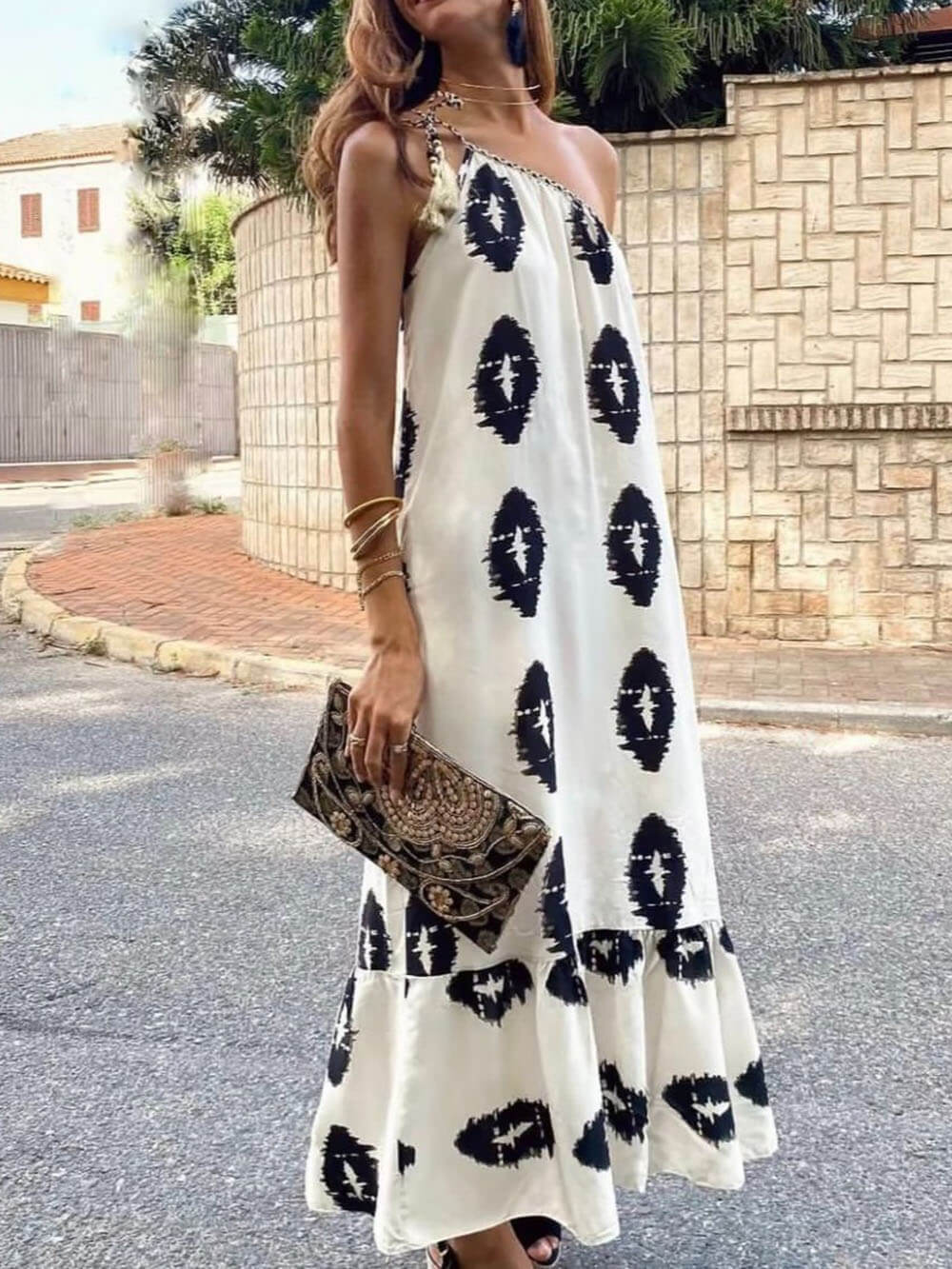 Sunshine Ethnic Print One Graceful Shoulder Loose Maxi Dress InsStreet