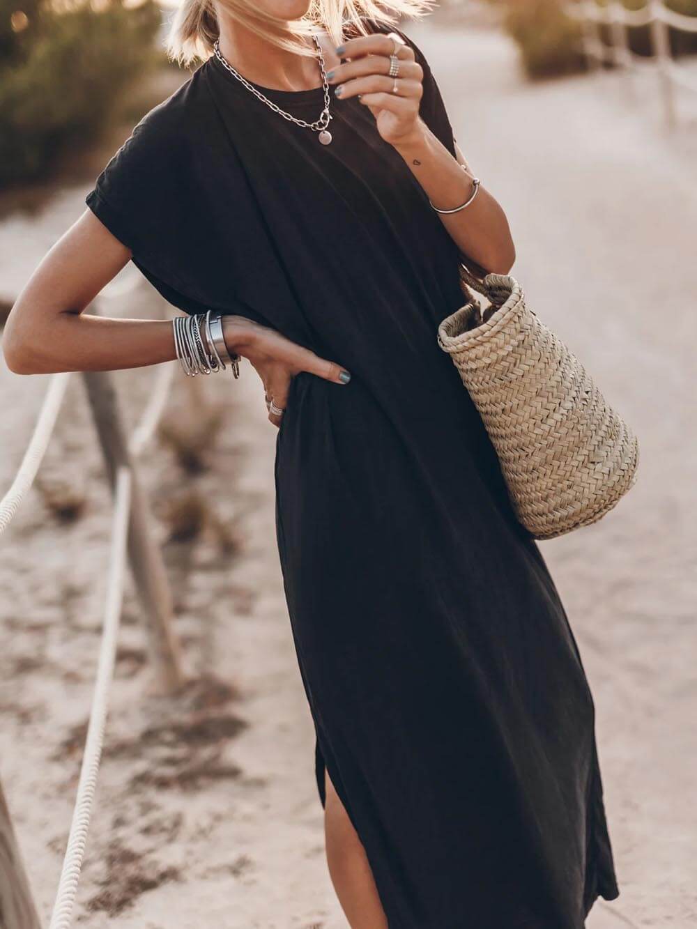 Effortless Open Sleeve Slit Graceful Oversized T-shirt Midi Dress InsStreet