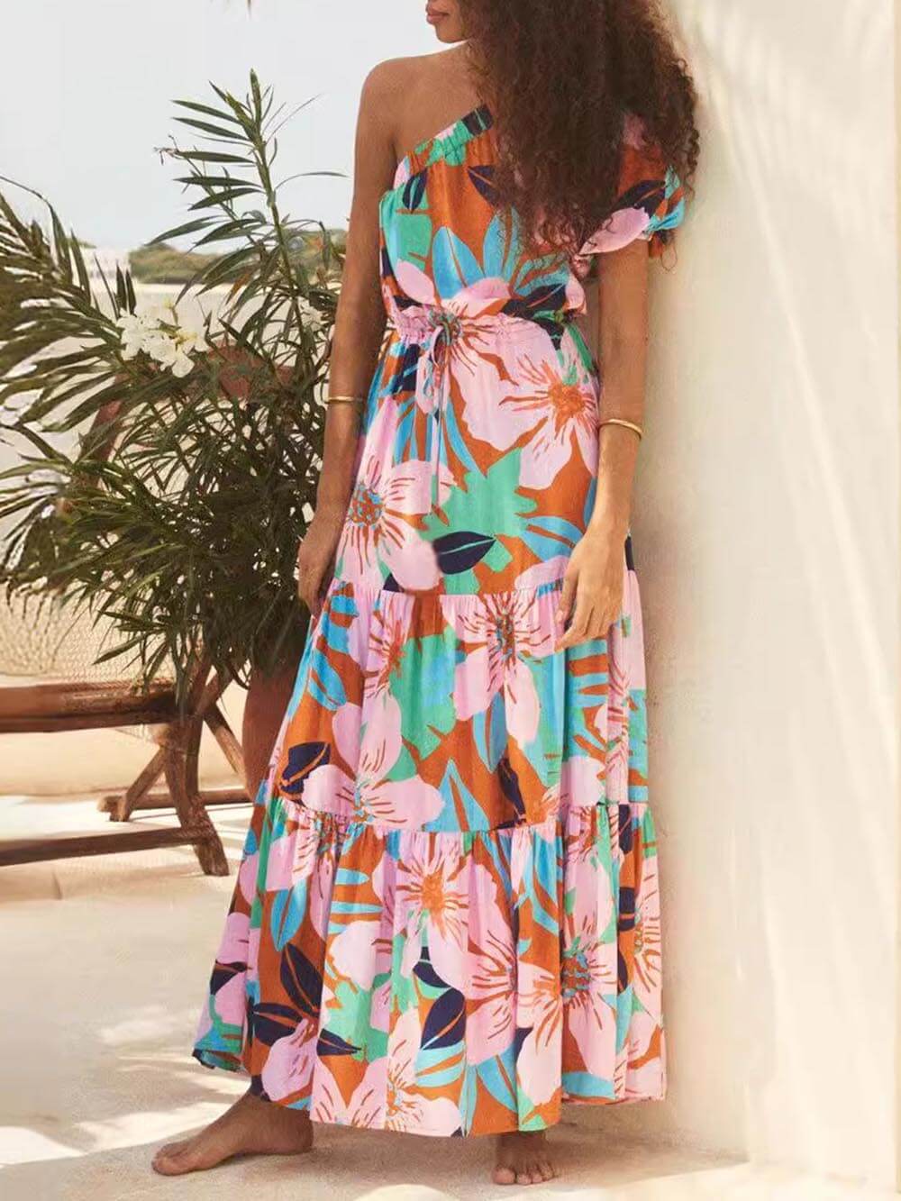 Palm Leaf Print Off-Shoulder Graceful Holiday Style Floral Dress InsStreet