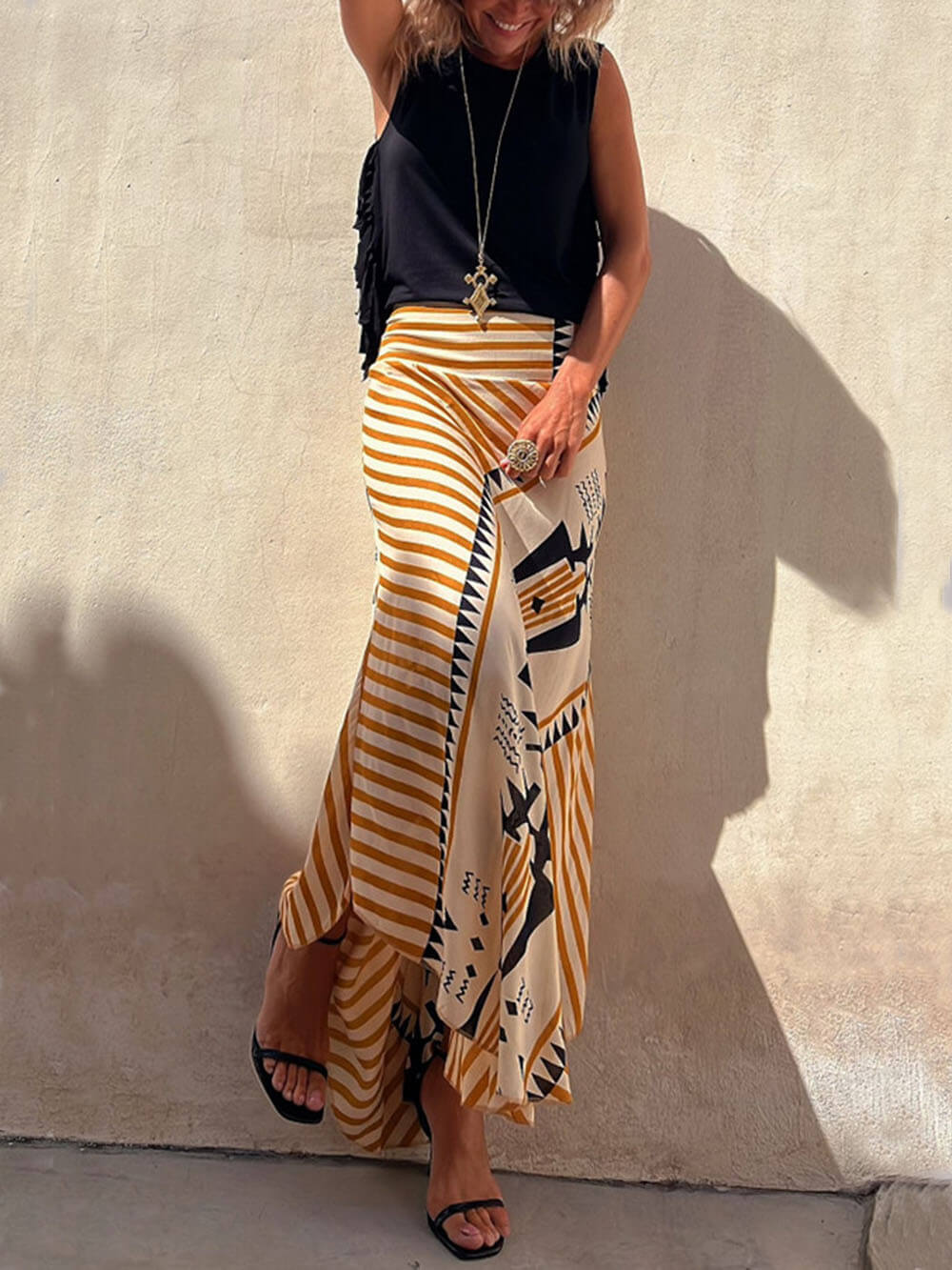 Geometric Print Elastic Charming Waist Maxi Skirt InsStreet