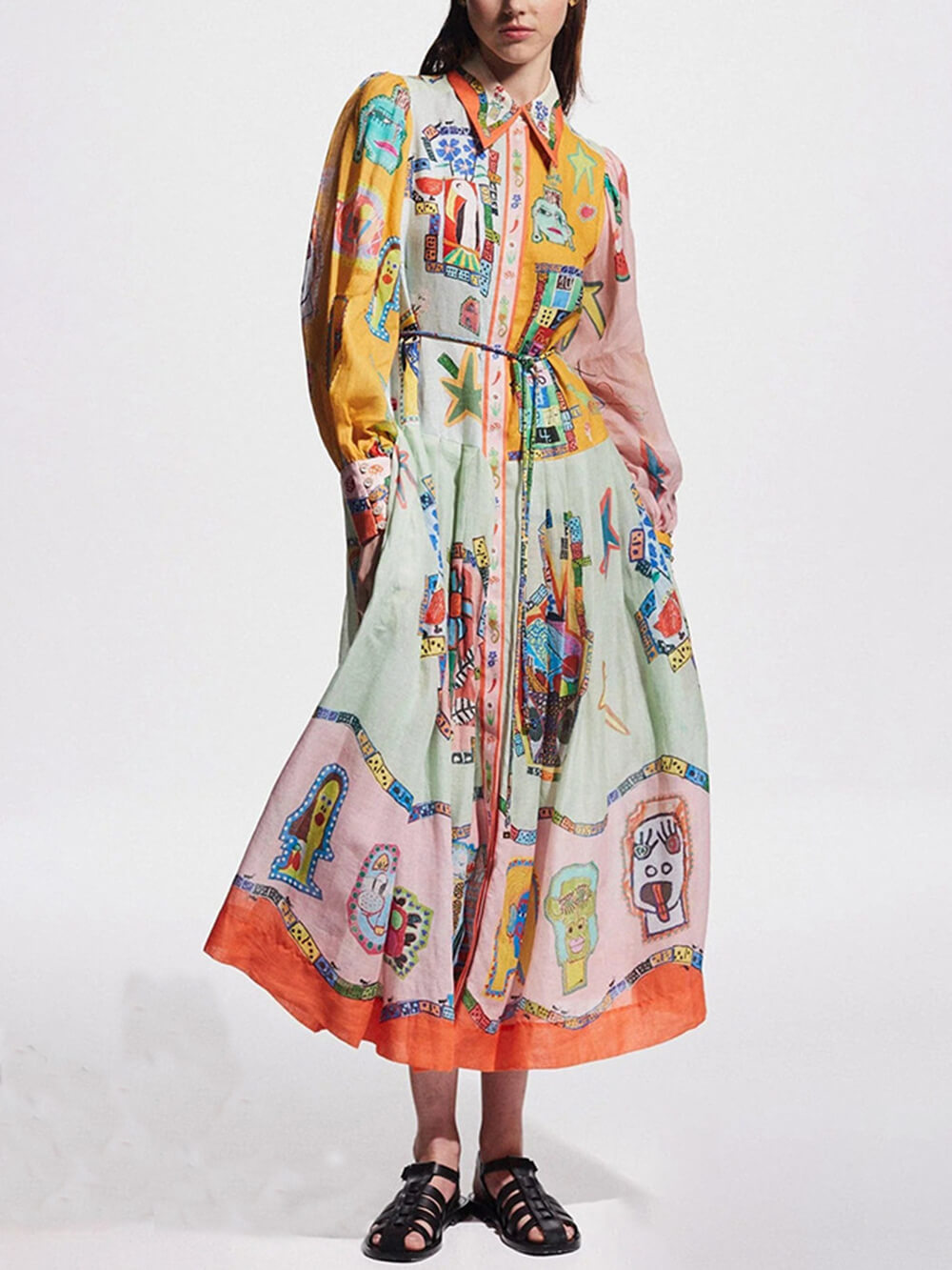 Unique Print Colorblock Balloon Graceful Sleeve Belt Shirt Midi Dress InsStreet