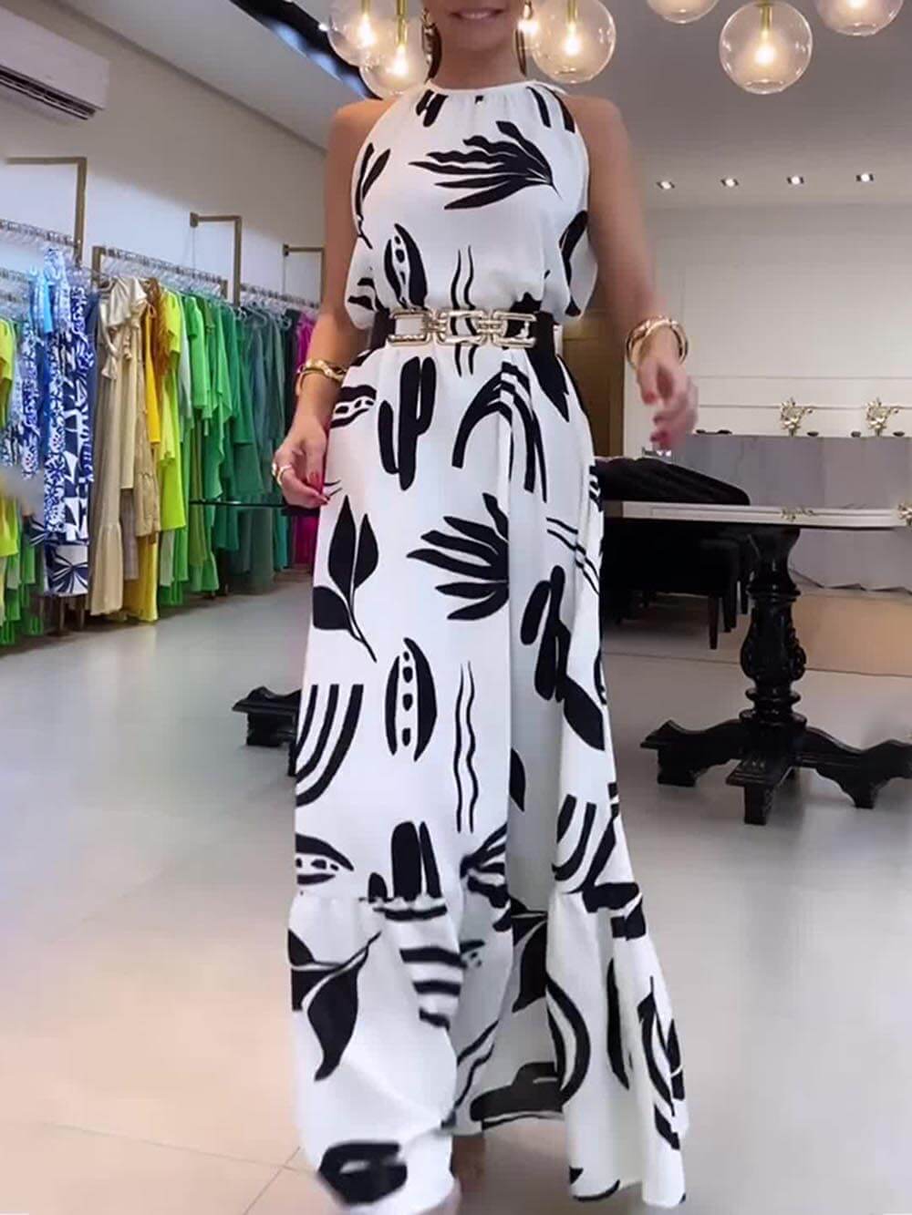 Unique Print Tie-up Neckline Graceful Loose Cocktails Maxi Dress InsStreet