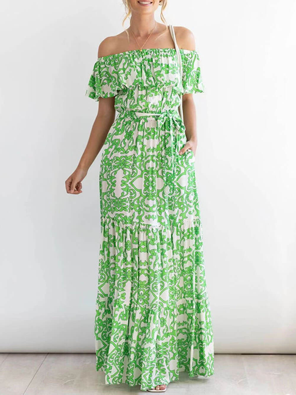 One-Shoulder Short-Sleeve Printed Charming Ruffle Maxi Dress InsStreet