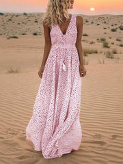 Bohemian V-Neck Sleeveless Charming Polka-Dot Maxi Skirt InsStreet