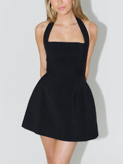 Halterneck Open-Back High-Waisted Charming A-Line Wide-Hem Mini Dress InsStreet